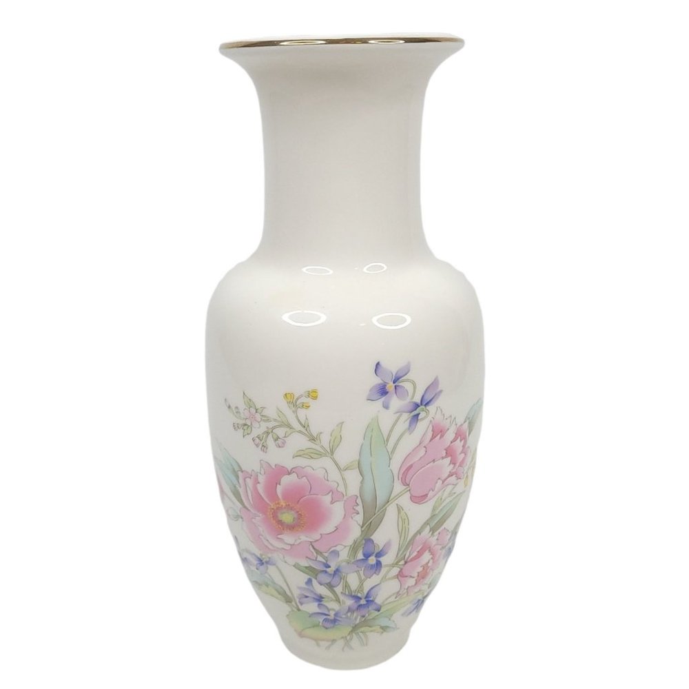 Vintage Asian Porcelain Floral Vase Gold Rim 10.5" Tall Made In Japan